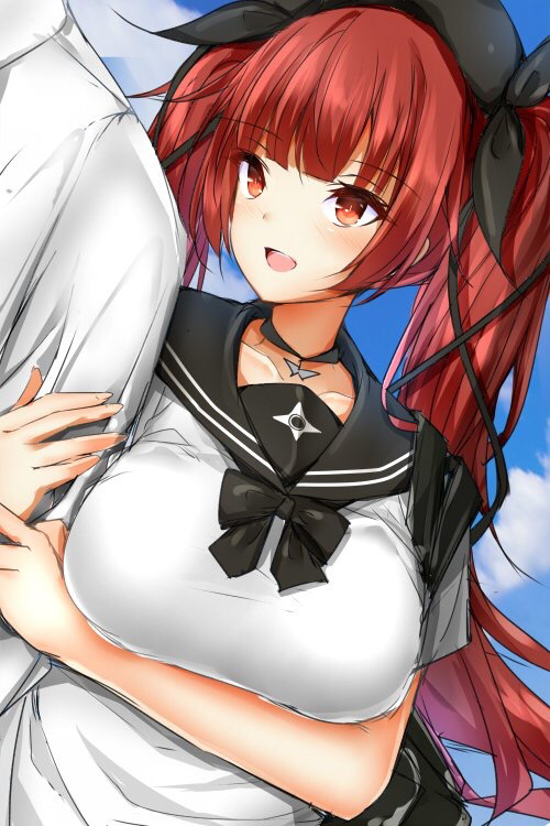 1boy 1girl 351_rane :d azur_lane bag bangs beret black_choker black_hat black_ribbon black_sailor_collar blush breasts choker collarbone commentary_request eyebrows_visible_through_hair hair_ribbon hat honolulu_(azur_lane) large_breasts looking_at_another looking_to_the_side open_mouth red_eyes red_hair ribbon sailor_collar school_uniform serafuku shirt short_sleeves shoulder_bag smile solo_focus tied_hair twintails white_serafuku white_shirt