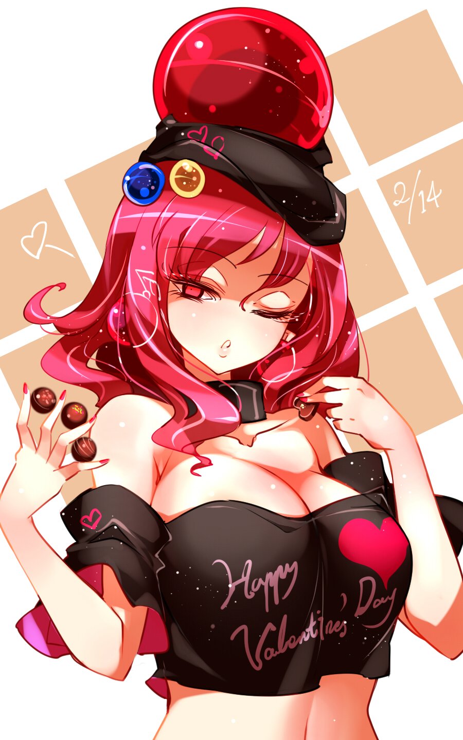 1girl ;o bangs bare_shoulders black_choker black_shirt breasts chocolate chocolate_heart choker cleavage clothes_writing collarbone commentary_request crop_top dated earrings earth_(ornament) eyebrows_visible_through_hair food hair_between_eyes hands_up happy_valentine heart hecatia_lapislazuli highres holding holding_food jewelry large_breasts long_hair looking_at_viewer midriff moon_(ornament) navel no_nose off-shoulder_shirt off_shoulder one_eye_closed parted_lips polos_crown raptor7 red_eyes red_hair shirt short_sleeves simple_background solo stomach t-shirt touhou white_background