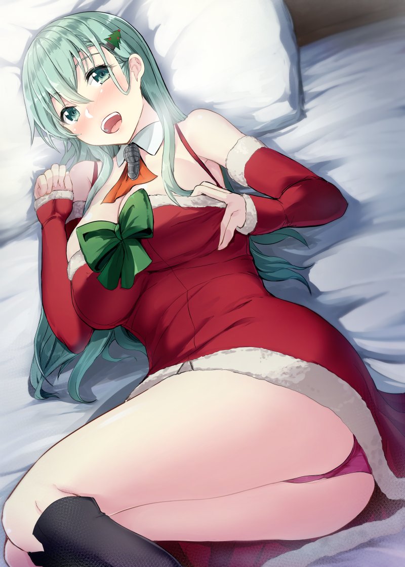 1girl aqua_hair ass bare_shoulders bed_sheet black_legwear blush boots bow breasts christmas_tree_hair_ornament cleavage detached_collar detached_sleeves dress fur_trim gin'ichi_(akacia) green_bow hair_between_eyes hair_ornament kantai_collection large_breasts long_hair looking_at_viewer lying nose_blush on_back on_bed open_mouth panties pantyshot pantyshot_(lying) pillow pink_panties red_dress red_neckwear self_exposure shiny shiny_hair sleeves_past_wrists solo straight_hair suzuya_(kantai_collection) underwear