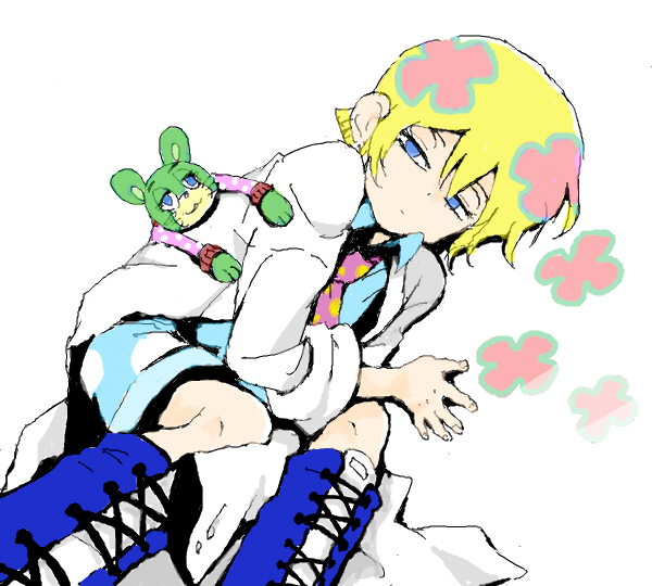 1boy androgynous bear blonde_hair boots closed_mouth dutch_angle eyelashes half-closed_eyes irabu_ichirou jitome kuuchuu_buranko labcoat looking_at_viewer lying male_focus multicolored_hair necktie pink_hair polka_dot shorts simple_background solo togetsuhou white_background