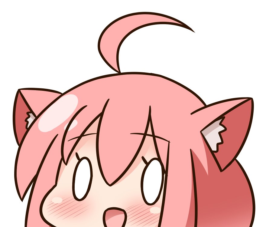 0_0 1girl :d ahoge animal_ear_fluff animal_ears bangs blush cat_ears commentary_request eyebrows_visible_through_hair hair_between_eyes hana_kazari head hinata_channel looking_at_viewer nekomiya_hinata open_mouth pink_hair simple_background smile solo virtual_youtuber white_background