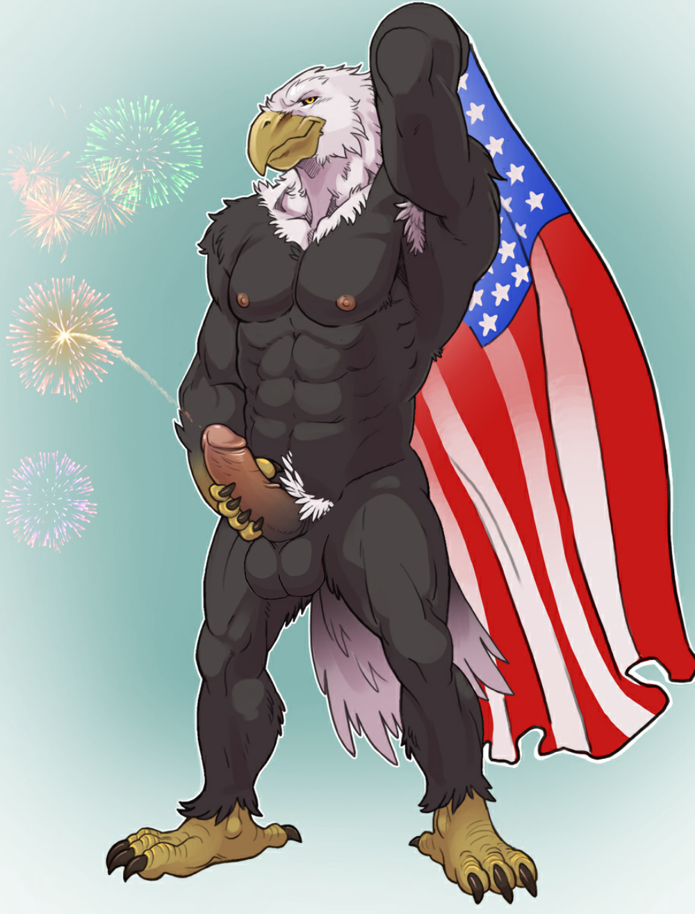 anthro armpit_hair avian badcoyote bald_eagle balls bird eagle fan_edit feathers flag humanoid_penis looking_at_viewer nipples penis pubes