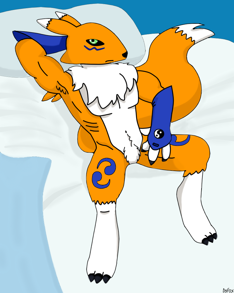 anthro armpit_hair armpits bed black_sclera canine chest_tuft clothing dgfox digimon digital_media_(artwork) elbow_gloves fox fur gloves hair hand_behind_head looking_at_viewer lying male mammal mostly_nude multicolored_fur on_back orange_fur pubes renamon solo tuft