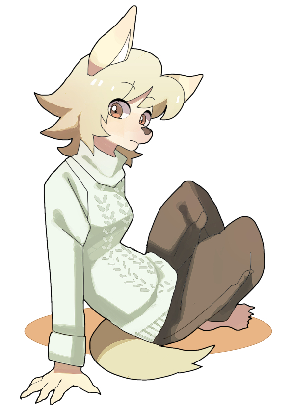 2014 amber_eyes anthro blonde_hair breasts canine clothed clothing female fluffy fluffy_tail fur hair looking_at_viewer mammal simple_background solo sweater tan_fur taracod white_background