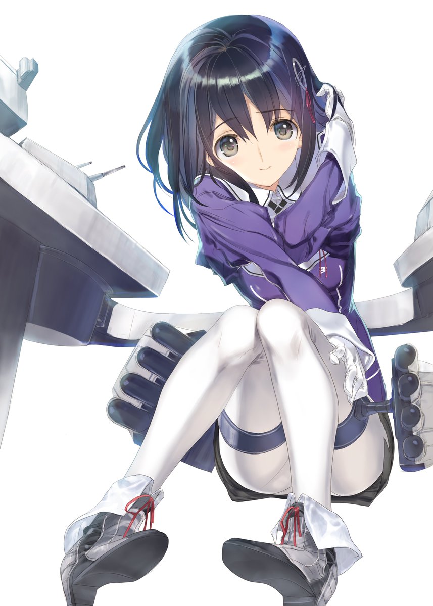 black_hair blush boots brown_eyes check_source gloves haguro_(kantai_collection) hair_ornament hairclip highres image_sample kantai_collection long_hair looking_at_viewer nakamura_takeshi panties panties_under_pantyhose pantyhose remodel_(kantai_collection) simple_background sitting smile solo turret twitter_sample underwear white_background white_gloves white_legwear