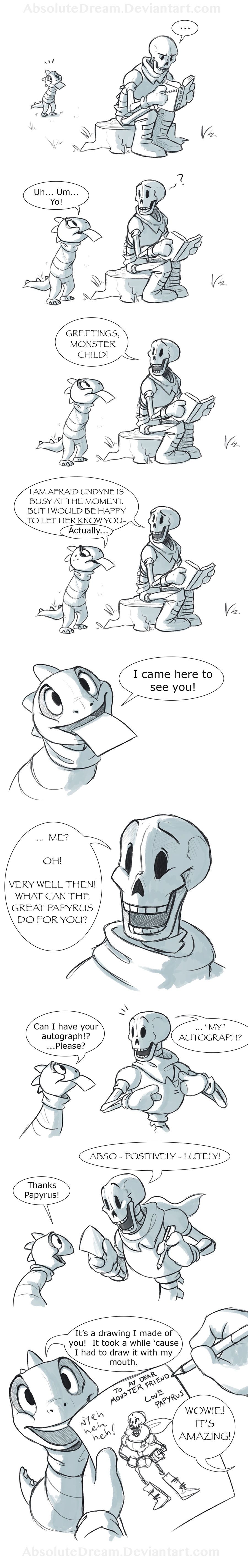 absolutedream animated_skeleton bone book comic drawing english_text grass lizard monster_kid papyrus_(undertale) reptile scalie scarf simple_background skeleton stump text undead undertale video_games