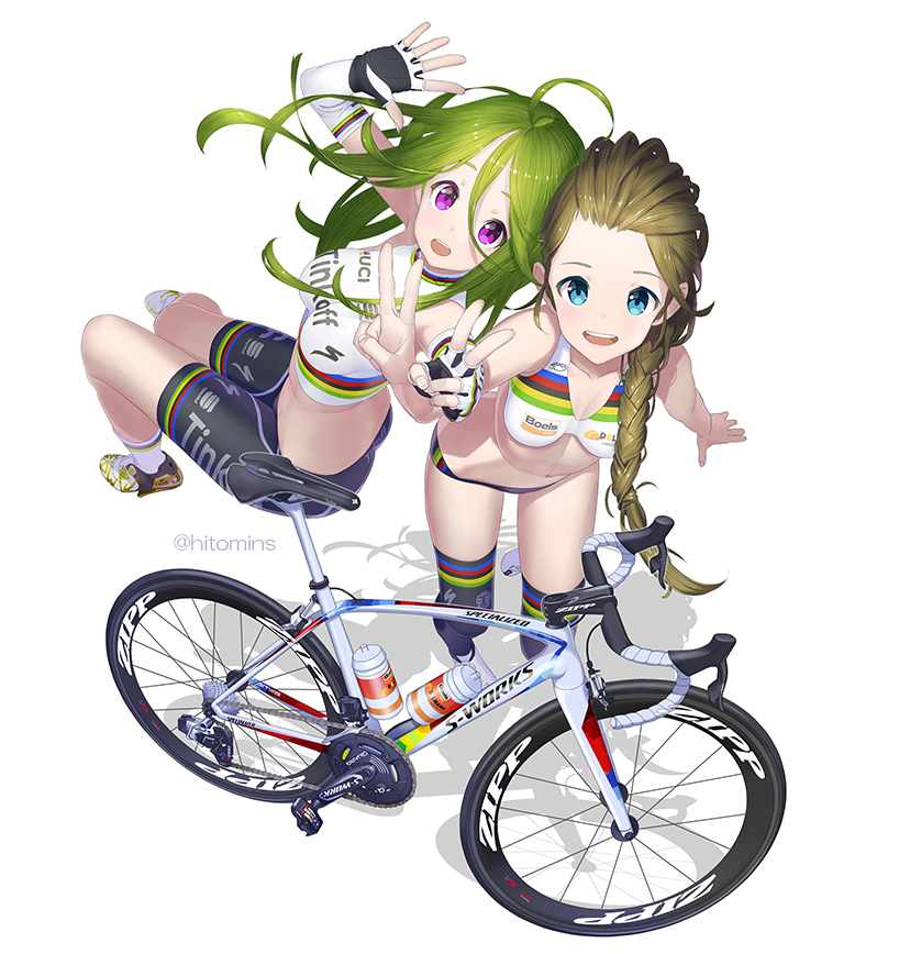 ahoge bicycle bike_jersey bike_shorts blue_eyes blush braid breasts brown_hair commentary_request fingerless_gloves from_above gloves green_hair ground_vehicle hitomi_kazuya long_hair looking_at_viewer looking_up medium_breasts multiple_girls navel open_mouth original purple_eyes single_braid smile thighhighs v