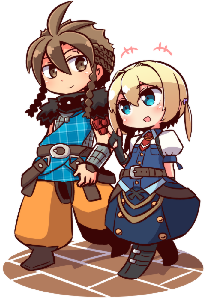 +++ 1boy 1girl :d ahoge arm_behind_back bangs belt belt_buckle black_footwear black_gloves blonde_hair blue_eyes blue_skirt blue_vest blush boots braid brown_belt brown_eyes brown_footwear brown_hair buckle chibi closed_mouth commentary_request elbow_gloves eye_contact eyebrows_visible_through_hair fingerless_gloves frederica_irving gloves hair_between_eyes hand_up head_tilt highlander_(etrian) index_finger_raised knee_boots long_hair looking_at_another low_twintails naga_u open_mouth orange_pants plaid puffy_pants puffy_short_sleeves puffy_sleeves sekaiju_no_meikyuu shin_sekaiju_no_meikyuu shirt short_sleeves side_braids skirt smile twin_braids twintails unmoving_pattern vest walking white_background white_shirt