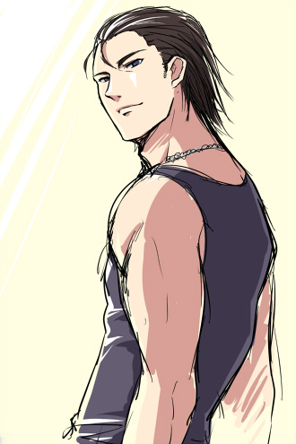 1boy billy_coen blue_eyes brown_hair dog_tags looking_at_viewer lowres male_focus myutsusama resident_evil resident_evil_0 simple_background sleeveless sleeveless_shirt smile solo tank_top upper_body