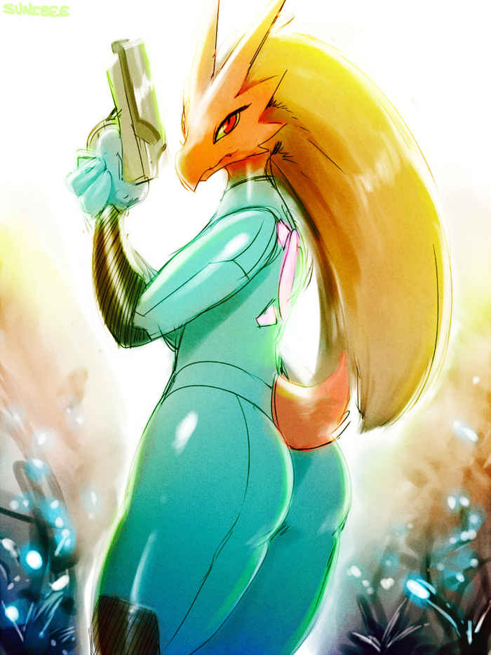 1girl ass bird blaziken blonde_hair blue_bodysuit bodysuit breasts chicken cosplay creatures_(company) furry game_freak gen_3_pokemon gun metroid nintendo pokemon pokemon_(game) pokemon_rse red_eyes samus_aran samus_aran_(cosplay) sunibee tail thighs weapon zero_suit