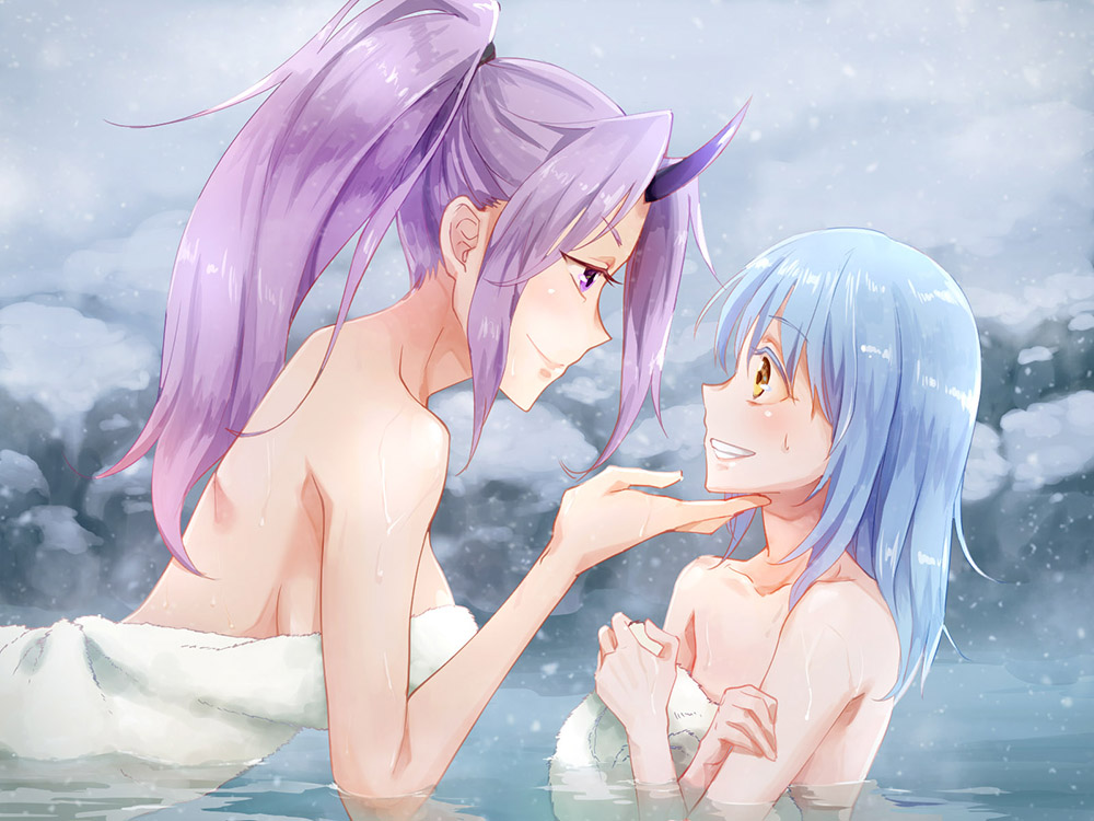 1boy 1girl blue_hair breasts chin_grab chocofox collarbone eye_contact face-to-face from_side grin horn large_breasts long_hair looking_at_another naked_towel nervous_smile onsen partially_submerged ponytail profile purple_eyes purple_hair rimuru_tempest shion_(tensei_shitara_slime_datta_ken) smile snow snowing tensei_shitara_slime_datta_ken towel water yellow_eyes