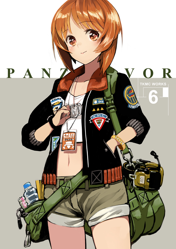 bag bangs belt black_jacket blush bottle bracelet brown_eyes brown_hair character_name closed_mouth collarbone cowboy_shot crop_top dog_tags emblem eyebrows eyebrows_visible_through_hair flat_chest girls_und_panzer hand_in_pocket headphones headphones_removed headset jacket jaian jewelry looking_at_viewer microphone navel nishizumi_miho number open_clothes open_jacket pocket short_hair shorts shoulder_bag sleeves_past_elbows smile snack solo stomach tank_top watch water_bottle wristwatch