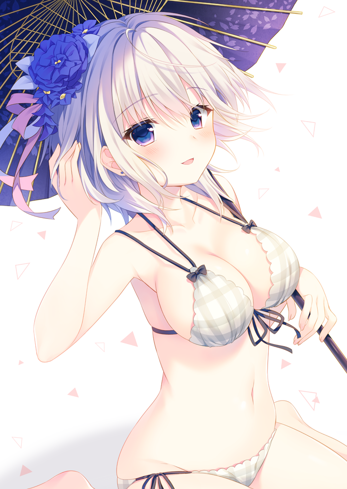 :d anastasia_(idolmaster) bangs bare_arms bikini blue_eyes blue_flower blue_ribbon blush breasts cleavage collarbone earrings eyebrows eyebrows_visible_through_hair eyelashes flower front-tie_bikini front-tie_top groin hair_between_eyes hair_flower hair_ornament hair_ribbon hand_in_hair holding holding_umbrella idolmaster idolmaster_cinderella_girls jewelry looking_at_viewer medium_breasts multi-strapped_bikini navel open_mouth oriental_umbrella plaid plaid_bikini purple_ribbon ribbon short_hair side-tie_bikini silver_hair sitting smile solo stomach stud_earrings swimsuit triangle umbrella wariza white_background yamcha_(cocololi)