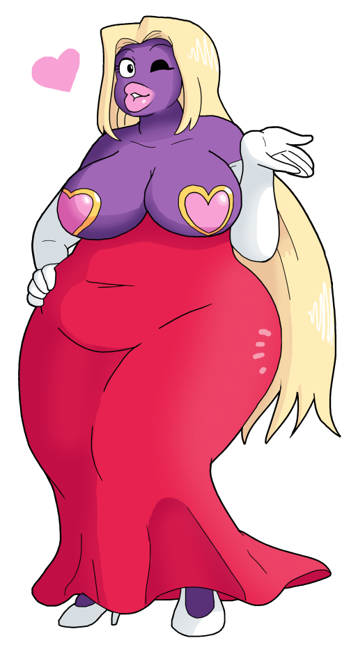 &lt;3 1girl blonde_hair breasts dress elbow_gloves fat gloves high_heels jynx large_breasts lips looking_at_viewer pasties pokemon purple_skin thick_lips topless wide_hips winking