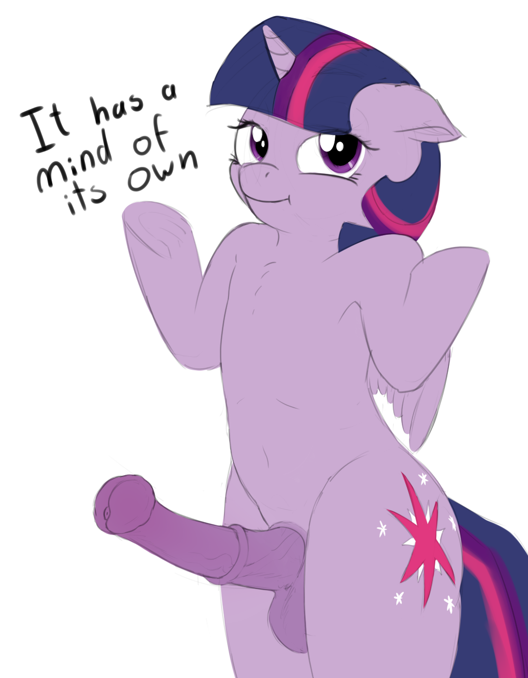 2015 animal_genitalia animal_penis balls cutie_mark dickgirl english_text equine equine_penis erection feathers feral friendship_is_magic fur hair horn intersex looking_at_viewer mammal multicolored_hair my_little_pony penis purple_eyes purple_feathers purple_fur simple_background smile solo text twilight_sparkle_(mlp) white_background winged_unicorn wings zippysqrl