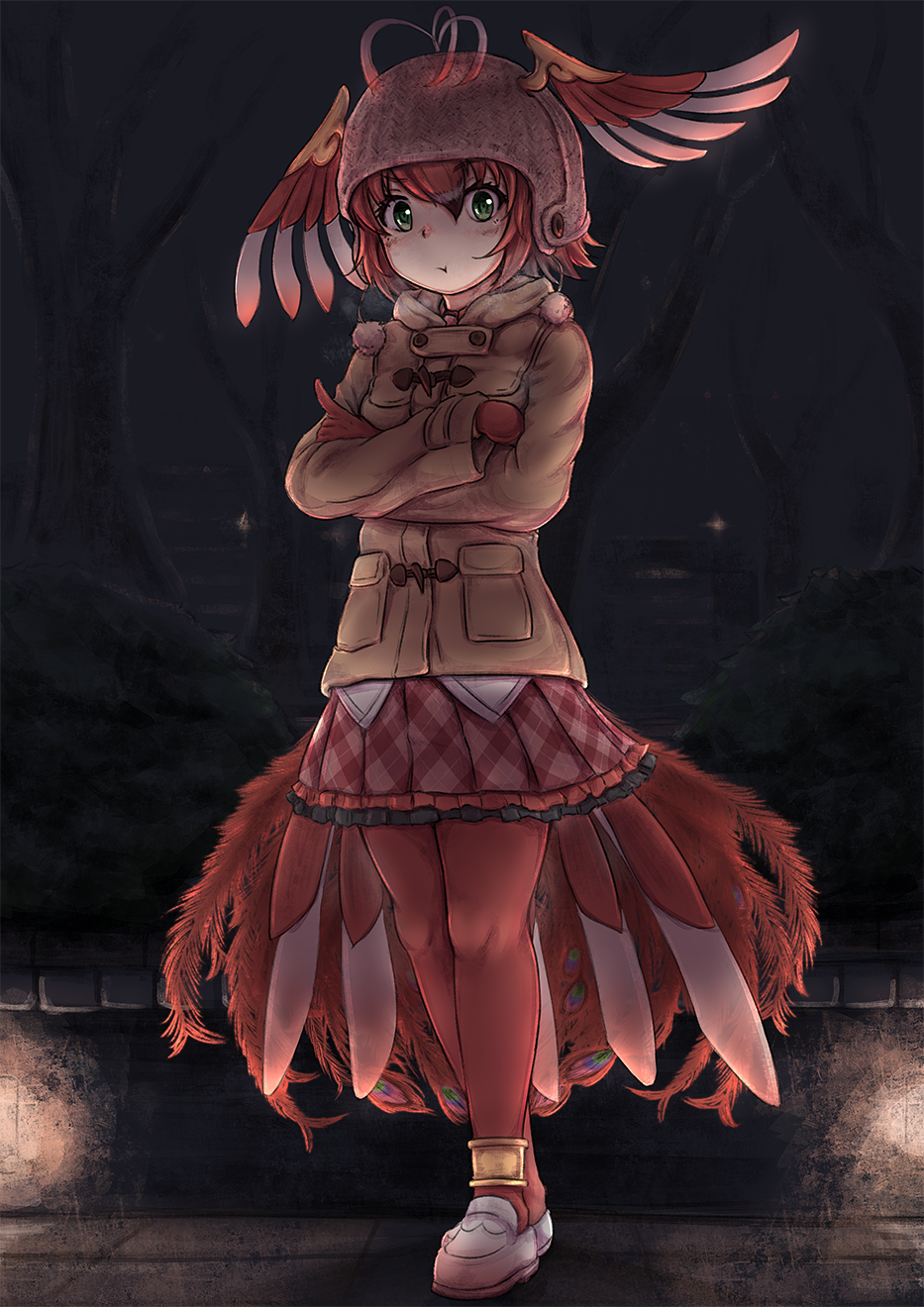 1girl :t alternate_costume bird_tail bird_wings blush breath coat commentary_request crossed_arms eyebrows_visible_through_hair frilled_skirt frills full_body gloves green_eyes hat hat_bobbles head_wings highres kemono_friends okyao pantyhose peacock_feathers plaid plaid_skirt pleated_skirt pout red_feathers red_hair red_legwear shoes short_hair skirt sneakers solo suzaku_(kemono_friends) wings winter_clothes winter_coat