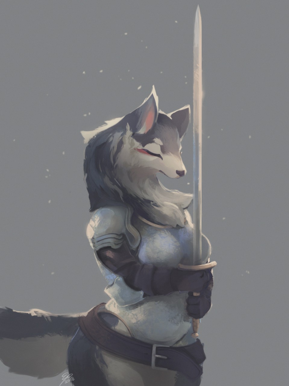 2018 armor belt bottomless breastplate breasts canine clothed clothing convenient_censorship electrycpynk eyeliner eyes_closed female fur grey_fur kemono makeup mammal melee_weapon multicolored_fur neck_tuft signature simple_background snow solo standing sword tuft two_tone_fur weapon white_fur wolf