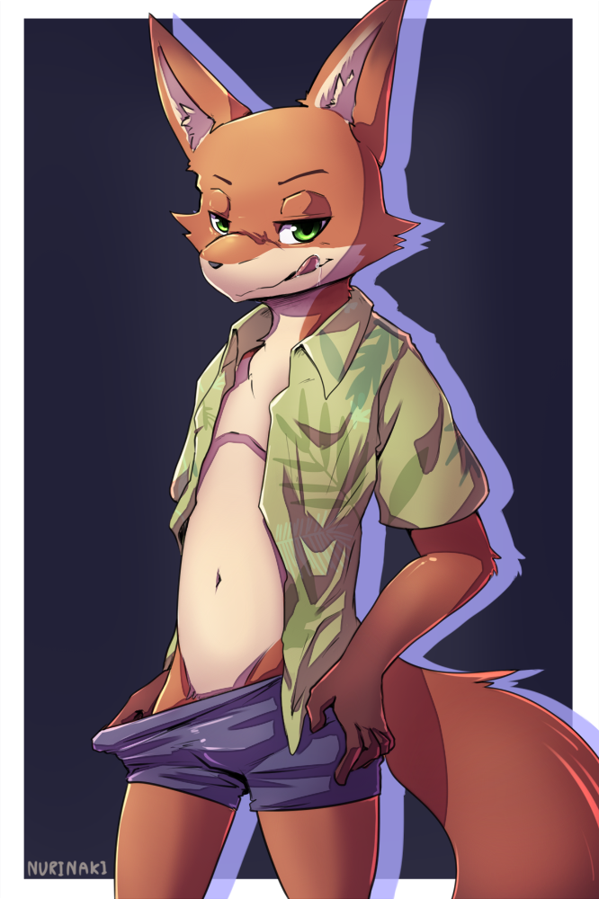 5_fingers bulge canine clothed clothing disney fox green_eyes hand_on_hip male mammal navel nick_wilde nurinaki open_shirt shorts solo standing tongue tongue_out undressing zootopia