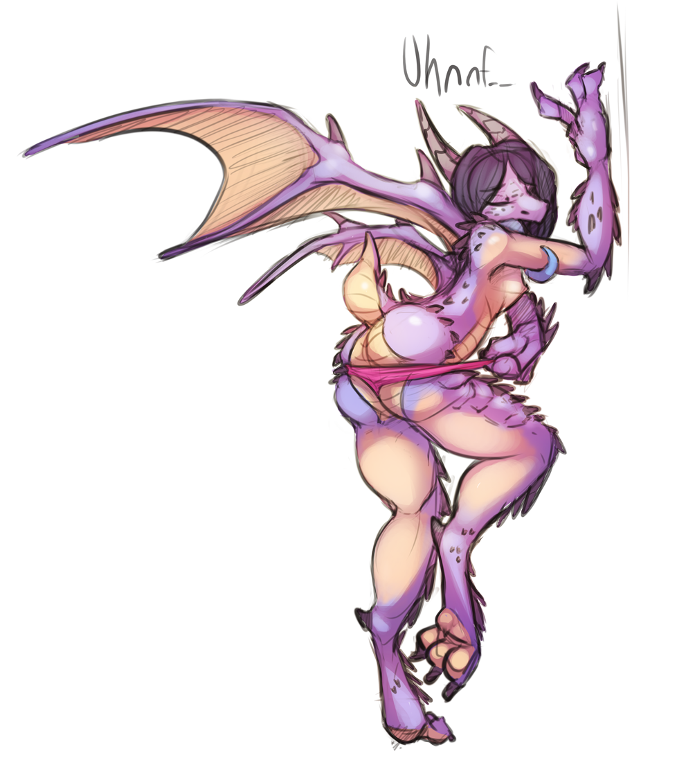 anthro black_hair breasts butt claws clothed clothing dialogue dragon english_text eyes_closed female hair hindpaw horn membranous_wings nipples open_mouth pawpads paws raised_tail scales scalie solo text toe_claws toe_curl tongue tongue_out topless underwear undressing watsup wings