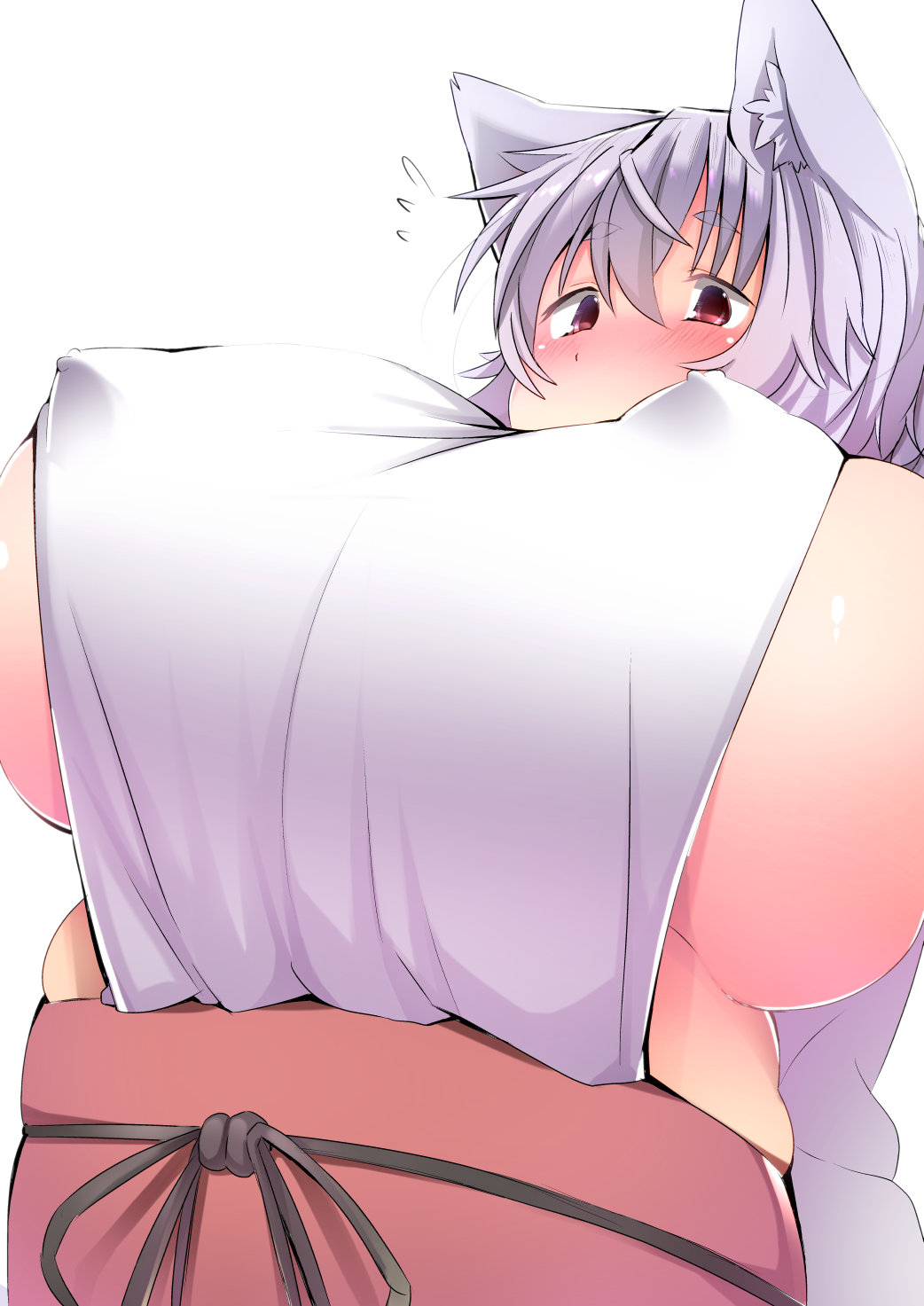 animal_humanoid big_breasts blush breasts canine canine_humanoid clothed clothing female grey_hair hair huge_breasts humanoid inner_ear_fluff low-angle_view mammal momiji_inubashiri nipple_bulge red_eyes shishi_juuroku short_hair side_boob solo touhou wolf_humanoid