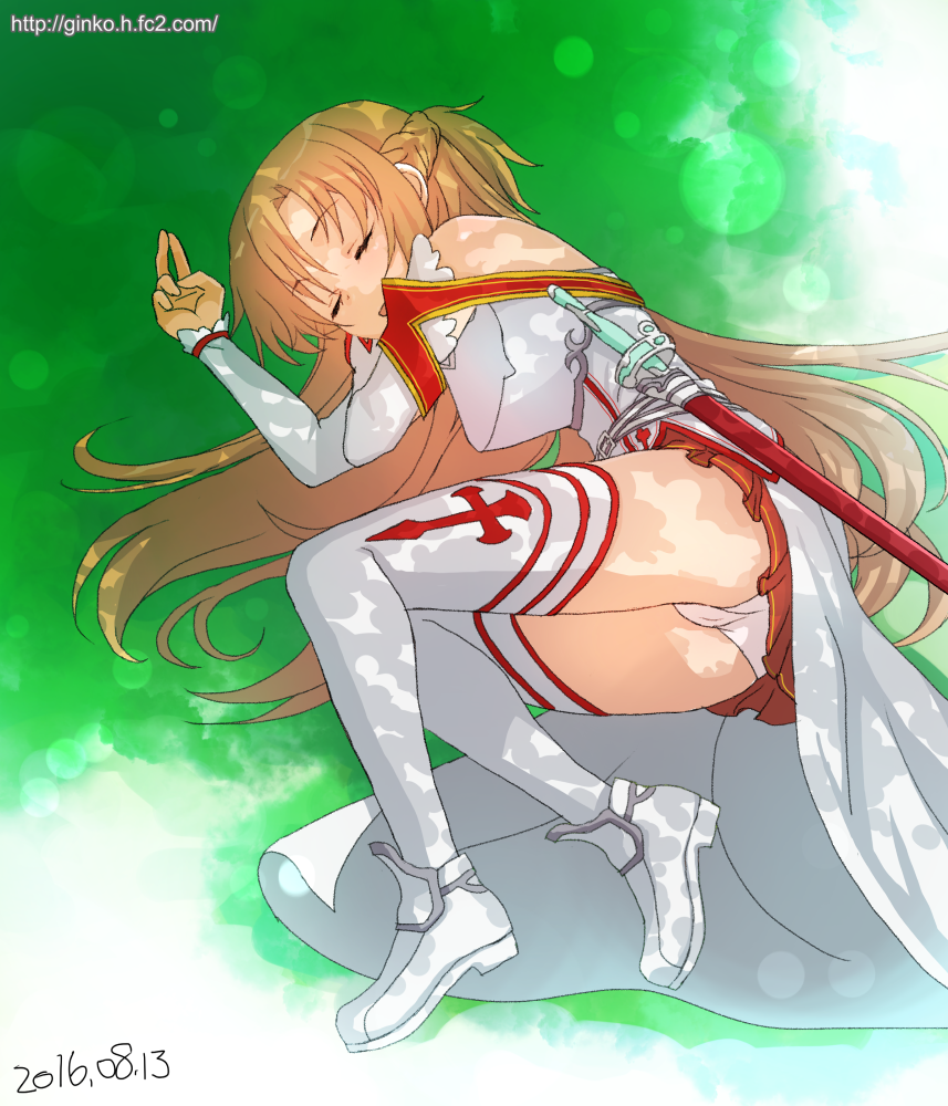 1girl 2016 armor ass asuna_(sao) bare_shoulders blush boots breastplate breasts brown_hair cameltoe crotch dated detached_sleeves eyes_closed french_braid ginko_(artist) grass half_updo light_brown_hair long_hair lying nature on_ground on_side open_mouth outdoors panties pantyshot sheathed skirt sleeping smile solo sword sword_art_online thigh_boots thighhighs thighs underwear upskirt very_long_hair weapon web_address white_legwear