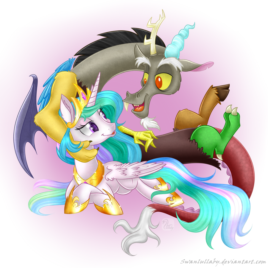 2016 antlers crown discord_(mlp) draconequus duo equine female friendship_is_magic gold_(metal) horn jewelry male mammal my_little_pony necklace princess_celestia_(mlp) sparkles swanlullaby winged_unicorn wings