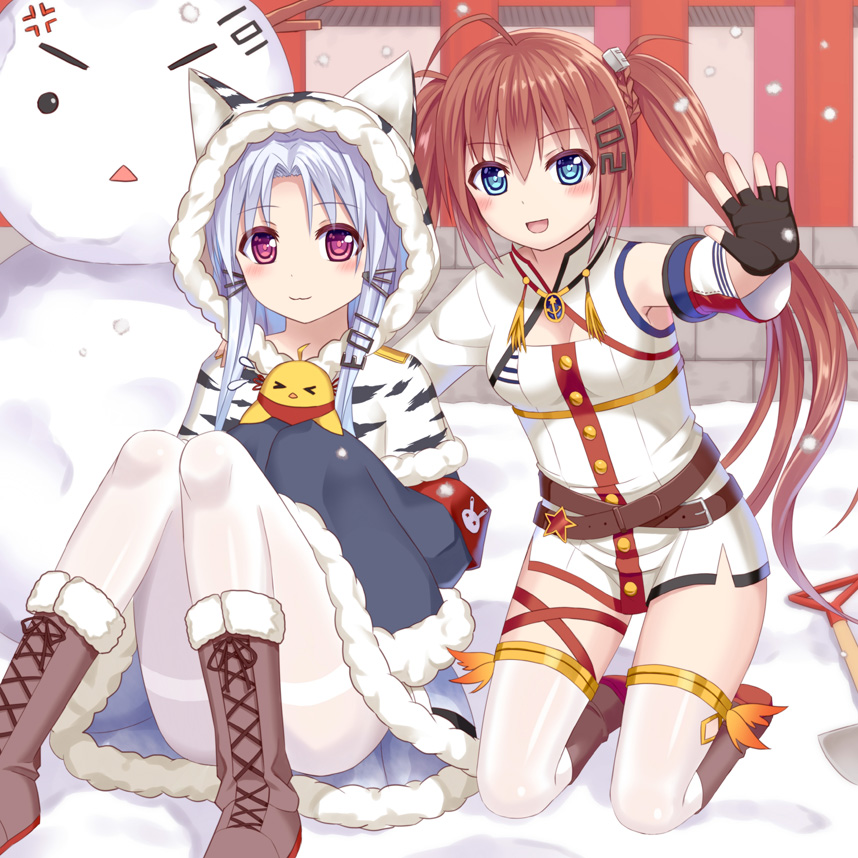 &gt;_&lt; 2girls :3 :d anger_vein animal animal_ears azur_lane bird blue_eyes blue_hair blush boots brown_footwear brown_hair capelet chang_chun_(azur_lane) chick closed_mouth commentary_request cross-laced_footwear day dress eyes_closed fu_shun_(azur_lane) fur-trimmed_boots fur-trimmed_capelet fur-trimmed_dress fur-trimmed_hood fur-trimmed_sleeves fur_trim hood hood_up hooded_capelet kneeling lace-up_boots long_hair long_sleeves multiple_girls open_mouth outdoors pantyhose red_eyes revision sitting sleeves_past_fingers sleeves_past_wrists smile snow snowing snowman thighband_pantyhose thighhighs tsukino_neru twintails very_long_hair white_capelet white_dress white_legwear