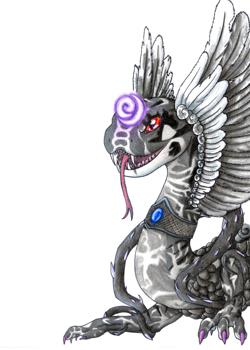 blue_gem coatl collar crackle dragon exposed_teeth fangs feathers flight_rising forked_tongue glowing_symbol jewelry male necklace open_mouth orange_eyes paws purple_eyes red_eyes reptile scalie simple_background snake srnecka stripes tentacles thorns tongue tongue_out violet_claws white_background