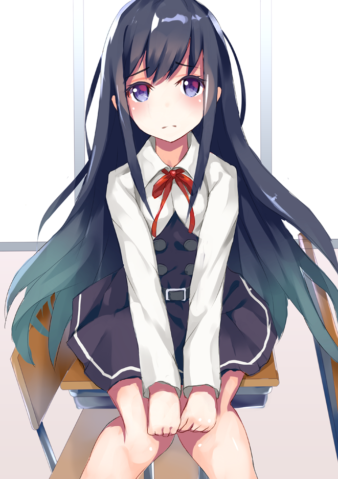 aqua_hair asashio_(kantai_collection) belt belt_buckle black_dress black_hair blue_eyes buckle buttons chair classroom closed_mouth collared_shirt desk dress eyebrows eyebrows_visible_through_hair frown gradient_hair hands_on_own_knees henet_hene indoors kantai_collection knees_together_feet_apart long_hair long_sleeves looking_at_viewer multicolored_hair neck_ribbon on_desk pensive pinafore_dress pleated_dress red_ribbon remodel_(kantai_collection) ribbon school_desk shirt sitting sitting_on_desk solo table v_arms very_long_hair white_shirt window wing_collar