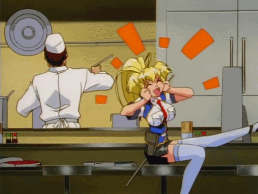 1boy 1girl 90s animated animated_gif blonde_hair bounce bouncing_breasts breasts burn-up burn-up_excess chef excited female hair_bow kicking kinezono_rio large_breasts long_hair miniskirt police police_uniform policewoman ponytail sitting skirt solo solo_focus stool thighhighs uniform wall