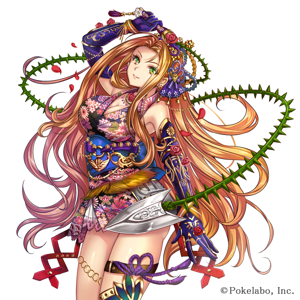 arm_up ass bare_shoulders belt blade blonde_hair breasts cleavage company_name cowboy_shot elbow_gloves eyes_visible_through_hair floral_print flower gloves green_eyes hair_ornament holding holding_weapon japanese_clothes jewelry kimono large_breasts long_hair looking_at_viewer madogawa multicolored multicolored_eyes necklace obi official_art ribbon rope rose sash sengoku_gensoukyoku short_kimono simple_background sleeveless smile solo spikes tassel very_long_hair wavy_hair weapon whip white_background