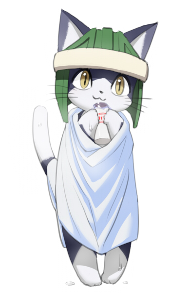 .hack armor cat cute feline helmet hermit holding_(disambiguation) mammal simple_background standing towel unknown_artist wet white_background