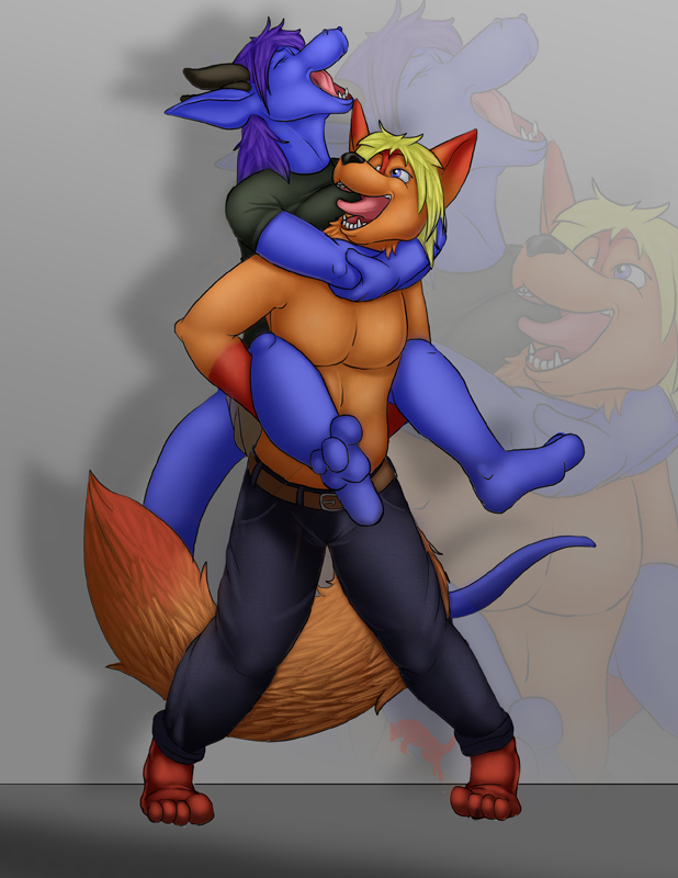 amixeduppuppy anthro canine carrying clothed clothing dragon duo fangs female horn male mammal open_mouth piggyback simple_background smile standing teeth tongue