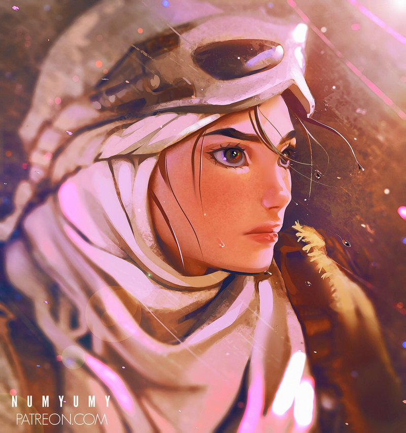 artist_name blurry blush brown_eyes brown_hair closed_mouth depth_of_field goggles goggles_on_head head_scarf lens_flare looking_afar numyumy portrait realistic rey_(star_wars) scarf serious solo star_wars star_wars:_the_force_awakens sunlight sweatdrop upper_body watermark web_address white_scarf