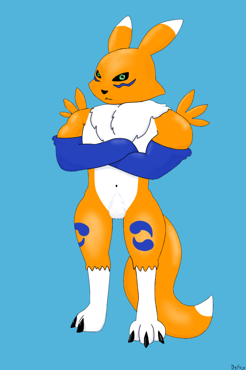 anthro black_sclera canine chatacter:foxmon chest_tuft clothing dgfox digimon digital_media_(artwork) elbow_gloves fox fur gloves green_eyes hair looking_at_viewer male mammal mostly_nude multicolored_fur orange_fur renamon simple_background standing tuft