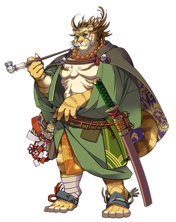 anthro brown_hair cape clothed clothing feline fur green_eyes hair japanese japanese_clothing katana kimono looking_at_viewer male mammal melee_weapon muscular official_art pink_nose pipe prayer_beads simple_background solo sword tan_fur tiger video_games wander_crown weapon yellow_fur ホエマル