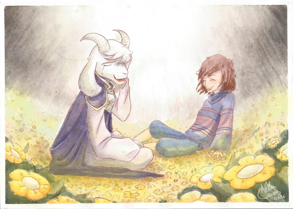 asriel_dreemurr caprine crying cute dialogue emotional flower friendly goat human mammal plant prince protagonist_(undertale) regal royalty smile tears undertale video_games wolf_of_coas_(artist)