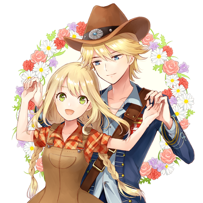 1girl :d bangs bare_arms belt blue_eyes blue_shirt braid breasts brown_hat closed_mouth collared_shirt cowboy_hat dress_shirt floral_background hair_between_eyes hands_up harvest_moon hat hetero holding_hand jacket long_hair long_sleeves looking_at_another looking_at_viewer looking_to_the_side nanami_(story_of_seasons:_trio_of_towns) open_mouth overalls plaid plaid_shirt pocket sam_browne_belt shirt short_sleeves sleeves_folded_up small_breasts smile story_of_seasons:_trio_of_towns twin_braids twintails tyyni upper_body wein white_background