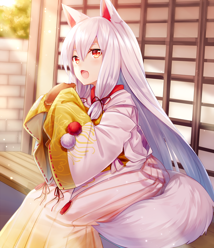 androgynous animal_ears bangs black_legwear blush brick_wall dorayaki eyelashes food fox_ears fox_tail from_side hair_between_eyes hair_ribbon hakama harvest_moon holding holding_food inari-chama japanese_clothes light_particles long_hair looking_at_viewer miko pom_pom_(clothes) red_eyes red_ribbon ribbon ribbon-trimmed_sleeves ribbon_trim silver_hair sitting sleeves_past_wrists sliding_doors slit_pupils solo story_of_seasons:_trio_of_towns sunlight tail tassel tree tress_ribbon veranda very_long_hair wagashi yuya_(night_lily)