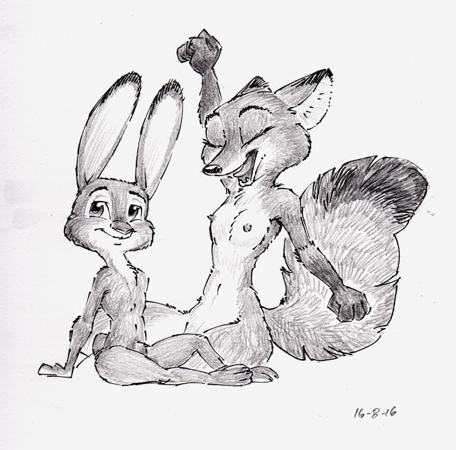 2016 animal_genitalia anthro black_nose breasts canine countershading crossgender disney duo ear_markings ears_up eyebrows eyelashes facial_markings female fluffy fluffy_tail fox front_view fur greyscale grin judy_hopps lagomorph long_ears looking_at_viewer lounging lying male mammal markings monochrome nick_wilde nipples nude open_mouth pen_(artwork) pencil_(artwork) penis portrait rabbit raised_eyebrows red_fox shaded sheath simple_background small_breasts steve_gallacci traditional_media_(artwork) two_tone_tail white_background yawn zootopia