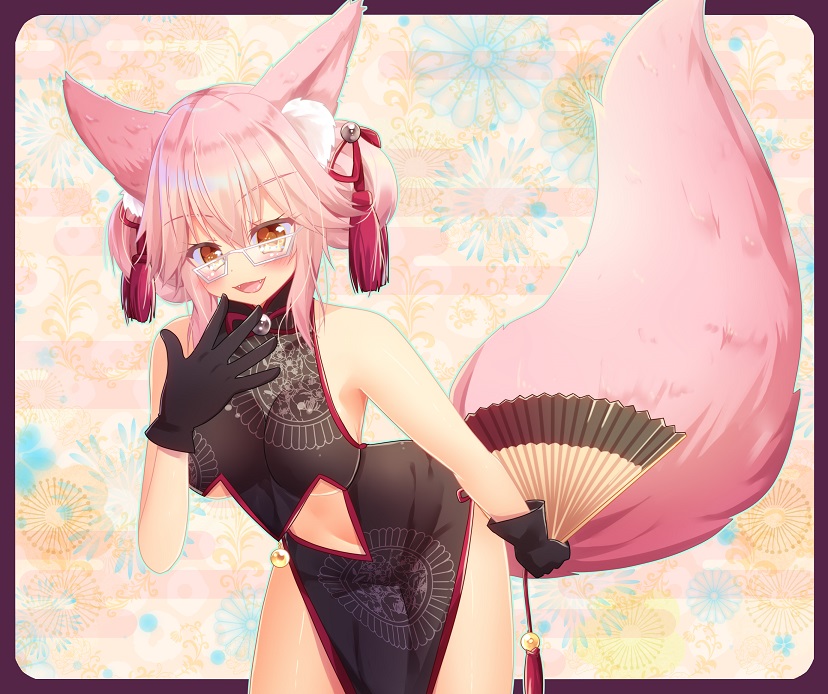 1girl alternate_hairstyle animal_ears bare_shoulders black_gloves blush breasts china_dress chinese_clothes cleavage_cutout dress eyebrows_visible_through_hair fan fangs fate/grand_order fate_(series) fox_ears fox_tail glasses gloves hiiro_yuya holding holding_fan koyanskaya large_breasts looking_at_viewer navel open_mouth pink_hair sleeveless sleeveless_dress smile solo stomach tail tamamo_(assassin)_(fate) tamamo_(fate)_(all) underboob yellow_eyes