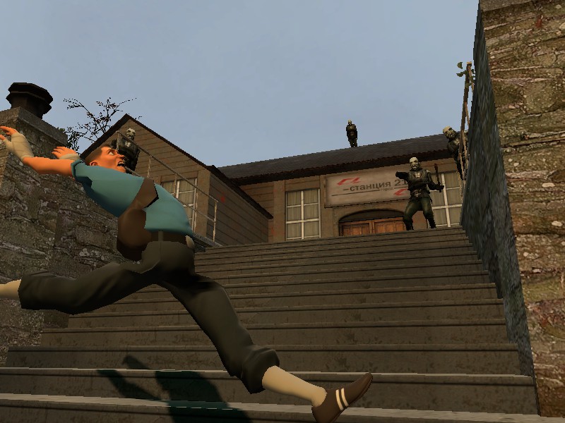 3d_(artwork) bag bars belt buckle building civil_protection(half_life_2) clothing collar digital_media_(artwork) door footwear garry's_mod gas_mask get_him half_life_2 hand_wrappings holding_(disambiguation) leaves legwear low-angle_view male mask paint pointing roof running scared scout(team_fortress_2) shadow shoes sign socks stairs stone stunstick team_fortress_2 there_he_is tiles tree trenchcoat valve video_games window worm's-eye_view