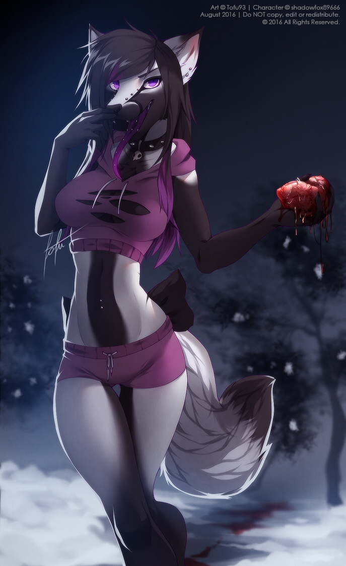 &lt;3 2016 5_fingers anthro black_hair black_nose blood breasts canine clothing collar ear_piercing female fluffy fluffy_tail fox fur grey_fur hair looking_at_viewer mammal midriff navel open_mouth outside piercing purple_tongue slim solo standing tofu93 wide_hips