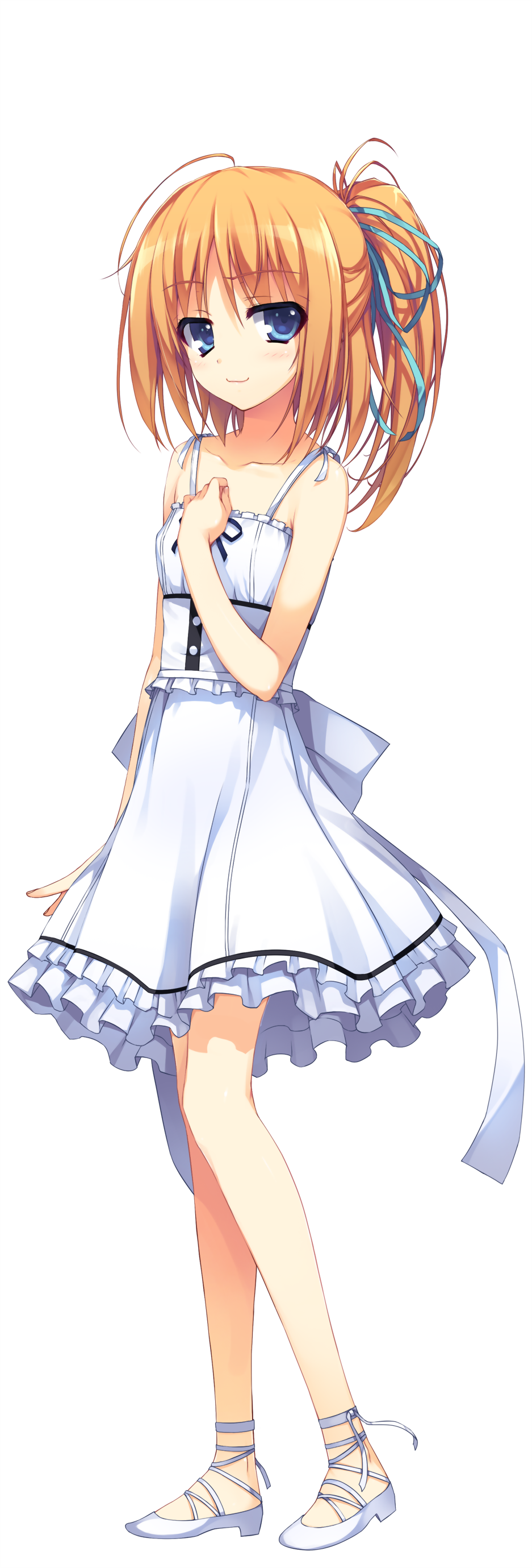 absurdres bare_shoulders blue_eyes dress full_body hand_on_own_chest highres kizuna looking_at_viewer non-web_source one_side_up orange_hair reminiscence reminiscence_re:collect ribbon shoes smile solo tomose_shunsaku transparent_background