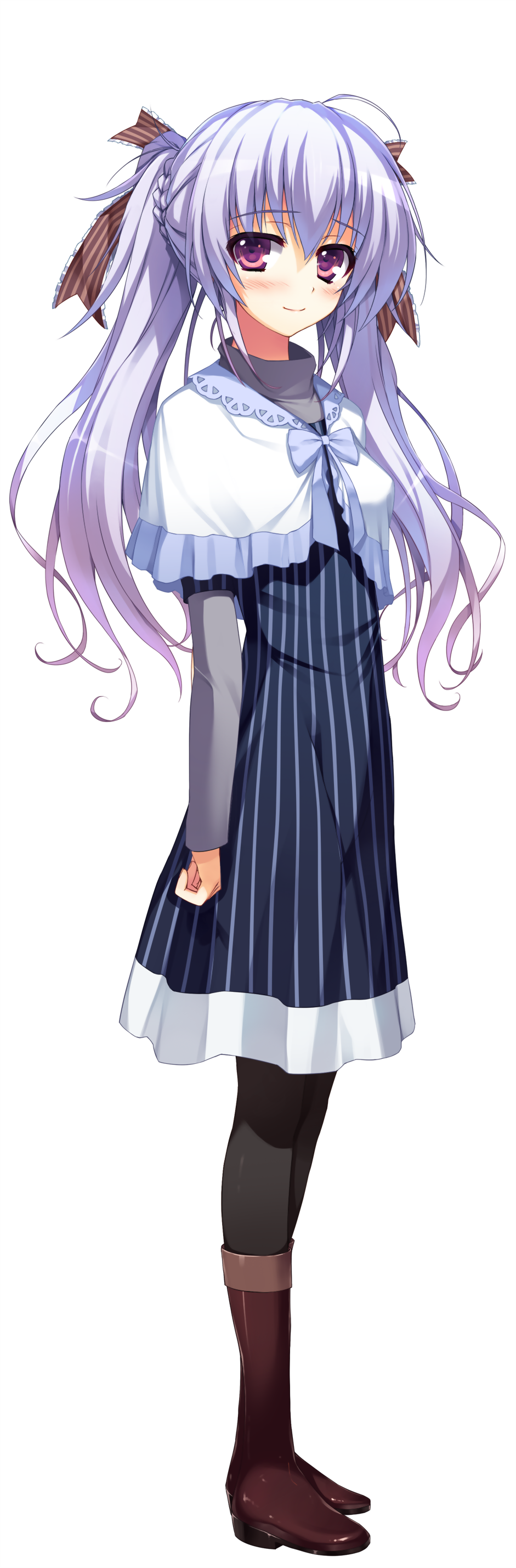 absurdres blush boots dress full_body highres knee_boots lavender_hair looking_at_viewer non-web_source pantyhose purple_eyes reminiscence reminiscence_re:collect ribbon shimazu_aki smile solo standing tomose_shunsaku transparent_background twintails