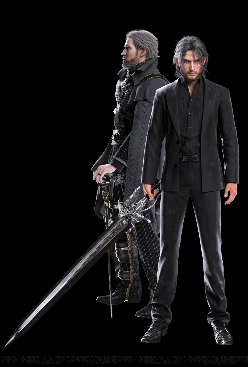 3d beard black_hair cane cape dirty facial_hair father_and_son final_fantasy final_fantasy_xv formal grey_hair highres looking_at_viewer multiple_boys noctis_lucis_caelum official_art regis_lucis_caelum square_enix suit sword weapon