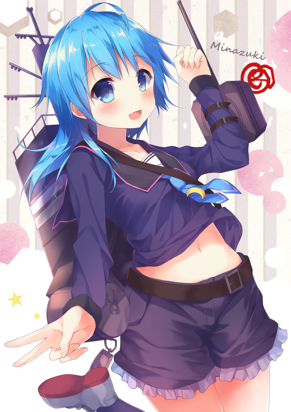 :d ahoge belt belt_buckle blue_eyes blue_hair blue_neckwear blush breasts buckle cannon character_name crescent crescent_moon_pin ezoshika fang frilled_shorts frills highres kantai_collection leg_up long_hair long_sleeves looking_at_viewer machinery midriff minazuki_(kantai_collection) navel necktie open_mouth school_uniform serafuku shirt_lift shoes shorts small_breasts smile solo star striped striped_background turret v