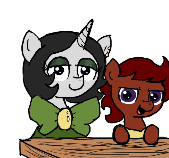bow clothing duo ear_piercing earth_pony equine fan_character female feral ficficponyfic horn horse joyride(colt_quest) mammal my_little_pony piercing pony ruby_rouge(colt_quest) simple_background table unicorn white_background young