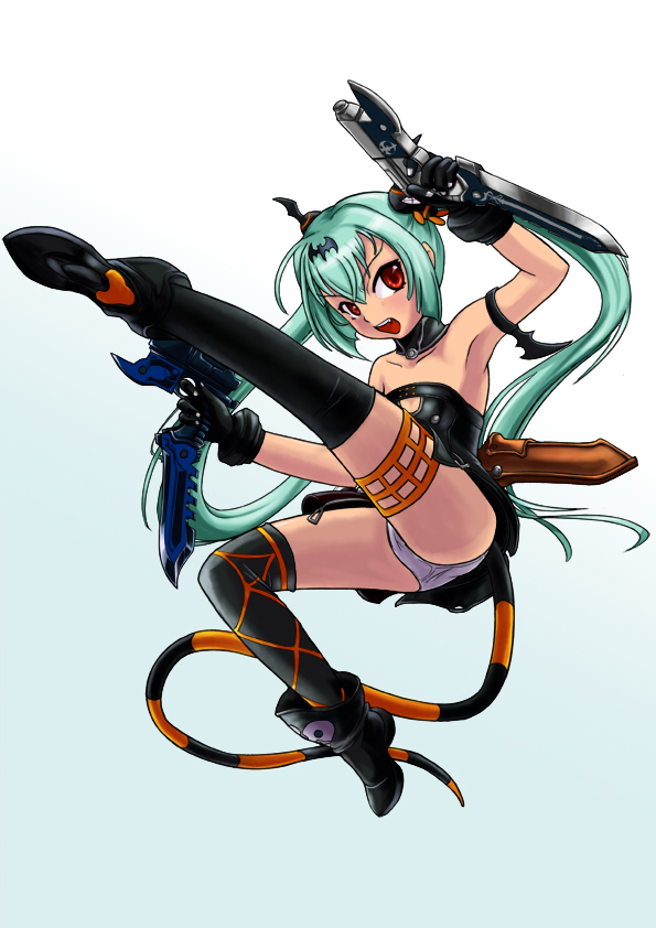 1girl alice_(queen's_gate) armlet boots dual_wielding gloves gun hair_ornament knife long_hair open_mouth panties queen's_gate red_eyes simple_background solo tagme thighhighs twintails underwear weapon