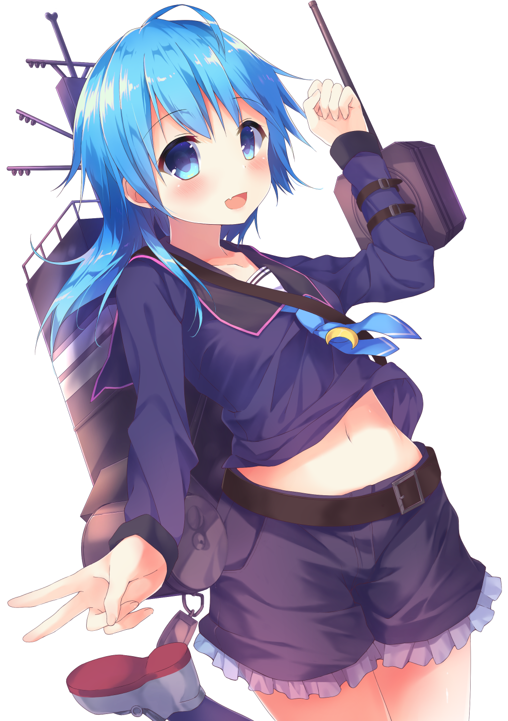 :d ahoge belt belt_buckle blue_eyes blue_hair blue_neckwear blush breasts buckle cannon crescent crescent_moon_pin ezoshika fang frilled_shorts frills highres kantai_collection leg_up long_hair long_sleeves looking_at_viewer machinery midriff minazuki_(kantai_collection) navel necktie open_mouth school_uniform serafuku shirt_lift shoes shorts simple_background small_breasts smile solo turret v white_background